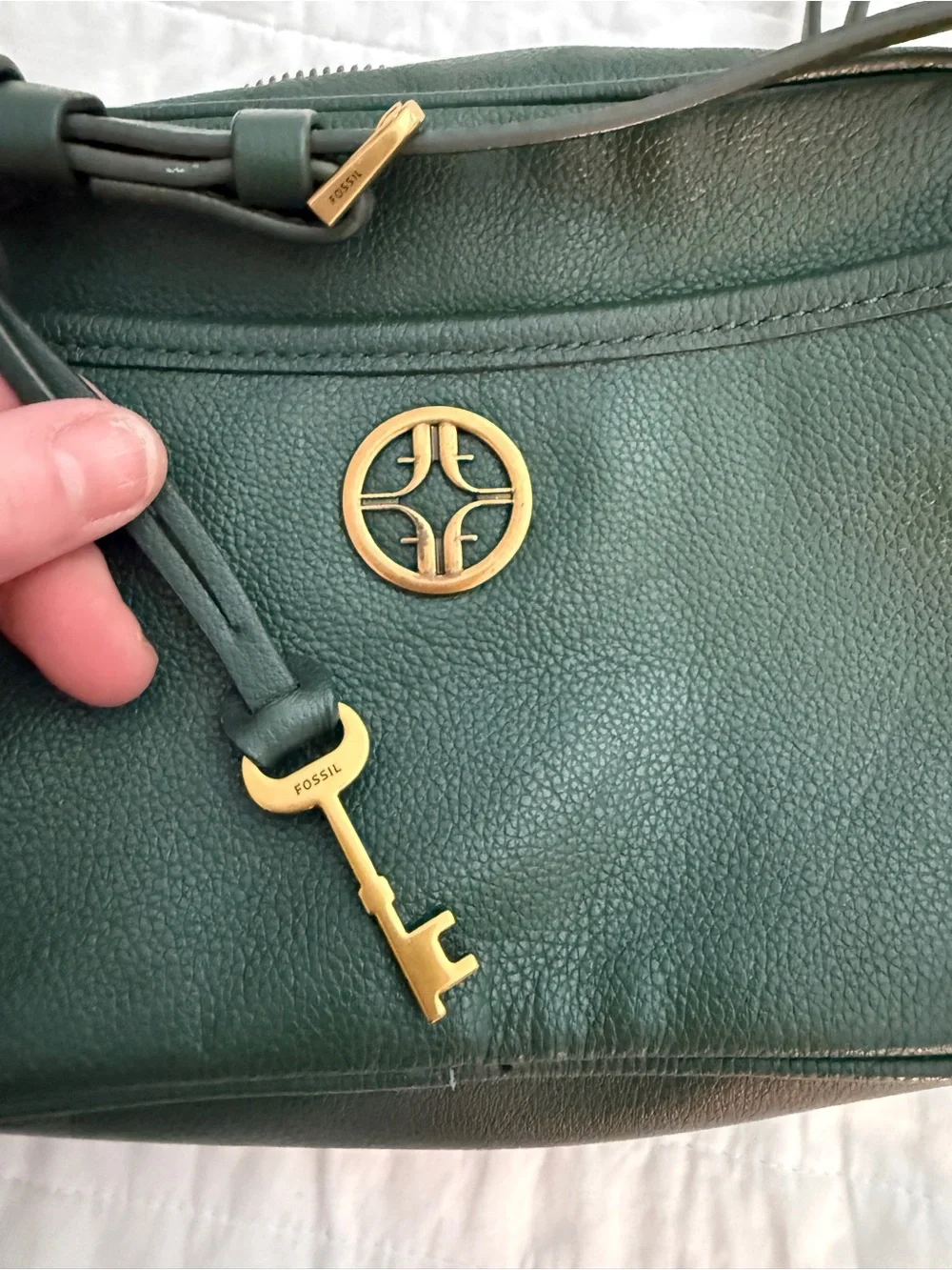 Fossil Brennon Pine Green Leather Camera Bag Crossbody Brass Key Excellent Cond